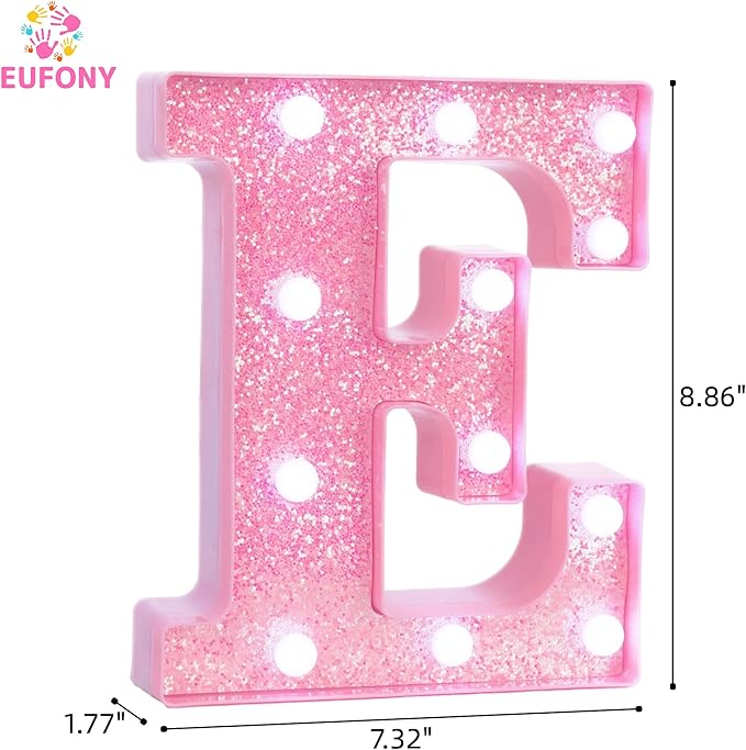 Pink LED Marquee Light Up Letters, Glitter Alphabet Letter Lights for Birthday Party Decorations, Battery Operated Letter Signs for Girls Room Table Decor, Pink letter E with Cool White Lights
