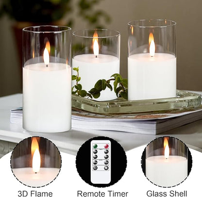 GenSwin Flameless Candles with Remote Timer, Clear LED Battery Operated Candles with Flickering Flame, Glass and Real Wax Pillar Candle Holiday Home Decor(Set of 3, D3”x4”5”6”)
