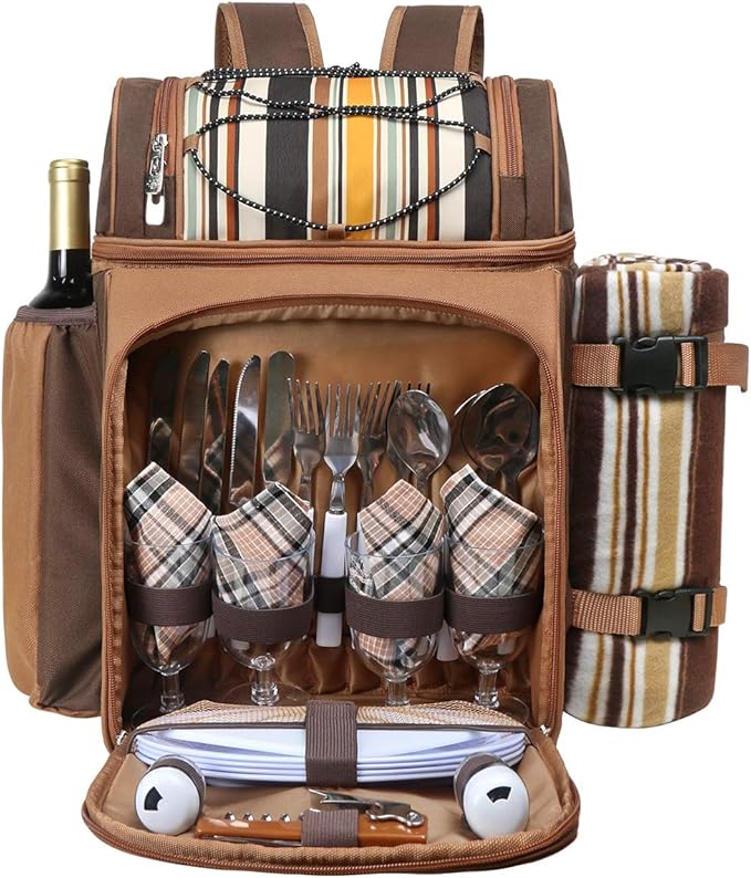 Hap Tim Picnic Basket Backpack for 4 Person with Insulated Leakproof Cooler Compartment, Wine Holder, Fleece Blanket, Cutlery Set, Wedding Gifts for Couples, Engagement Gifts