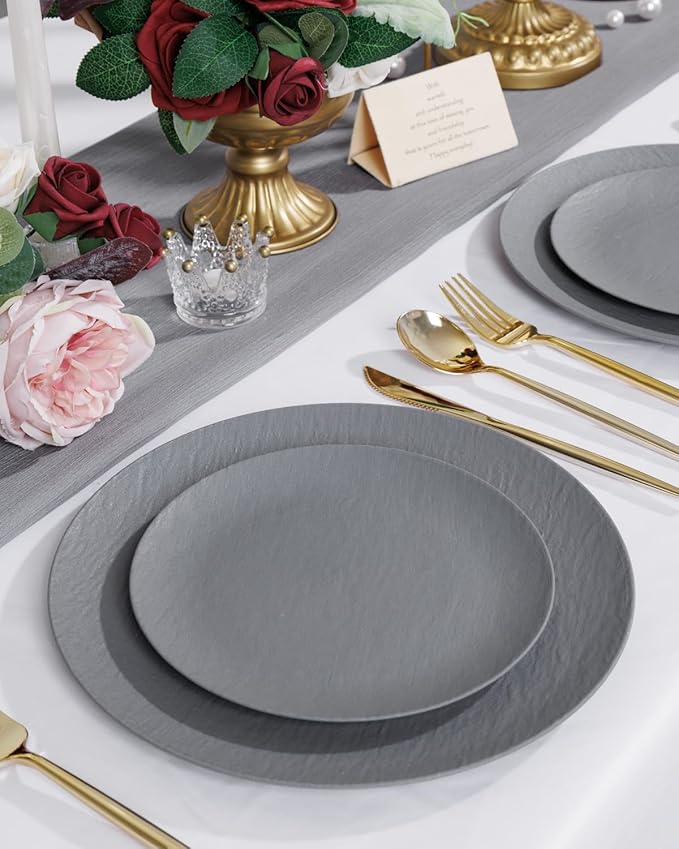 WONDERFUL 32pcs Dark Grey Plastic Plates Reusable Plates Unbreakable and Dishwasher safe Dishes Set Outdoor Plate Includes:16 Dinner 10" & 16 Dessert Plate 7.3" Suitable for Christmas New Year