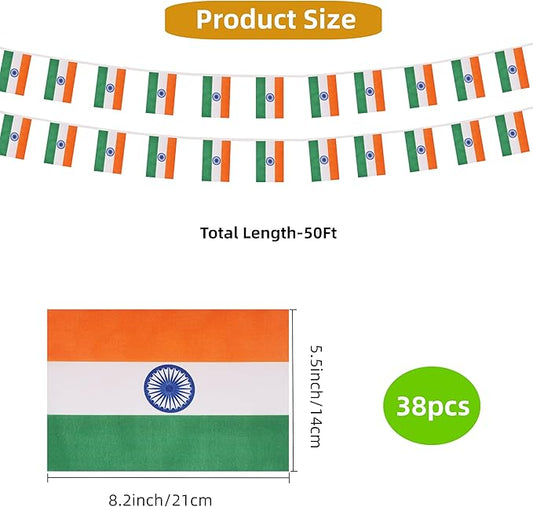 India Small String Flags, 50 Feet 38 Pcs Indian Pennant Banner Bunting Flags, Patriotic Events, Independence Day, Country Festival, Commemoration, Decorations (India)