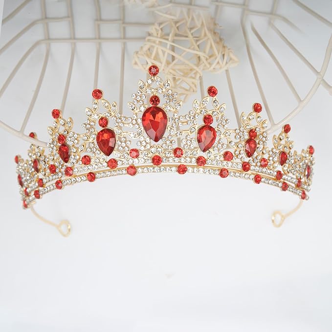 WOVOWOVO Princess Crown Queen Birthday Tiara for Women Girls, Red Crystal Tiaras and Crowns Headband Hair Accessories for Bride Wedding Halloween Costume Party Prom Christmas Gifts