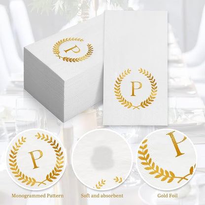 200 Pack Monogrammed Disposable Napkins Gold Foil Letter P Guest Napkins Initial Disposable Hand Paper Towels for Wedding Engagement Baby Shower Party Home Kitchen Bathroom Dinner Decorative Towels