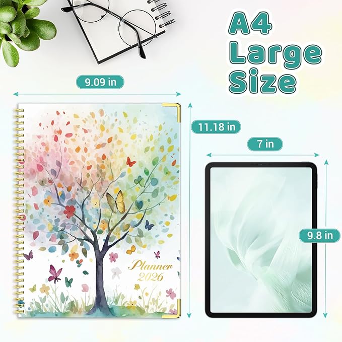 Daily Planner 2026, 8.5" x 11", Weekly & Monthly Planner from JAN.2026 to DEC.2026, Column View Calendar Organizers, Spiral Hardcover Agenda Book with Tabs for Office School Supplies, Tree