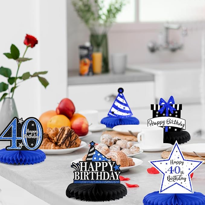 Happy 40th Birthday Decorations,40th Bday Blue Glitter Shiny Stand Honeycomb Table Centerpieces - Cheers to Forty Years Old Birthday Party Photoprop Gift Sign.