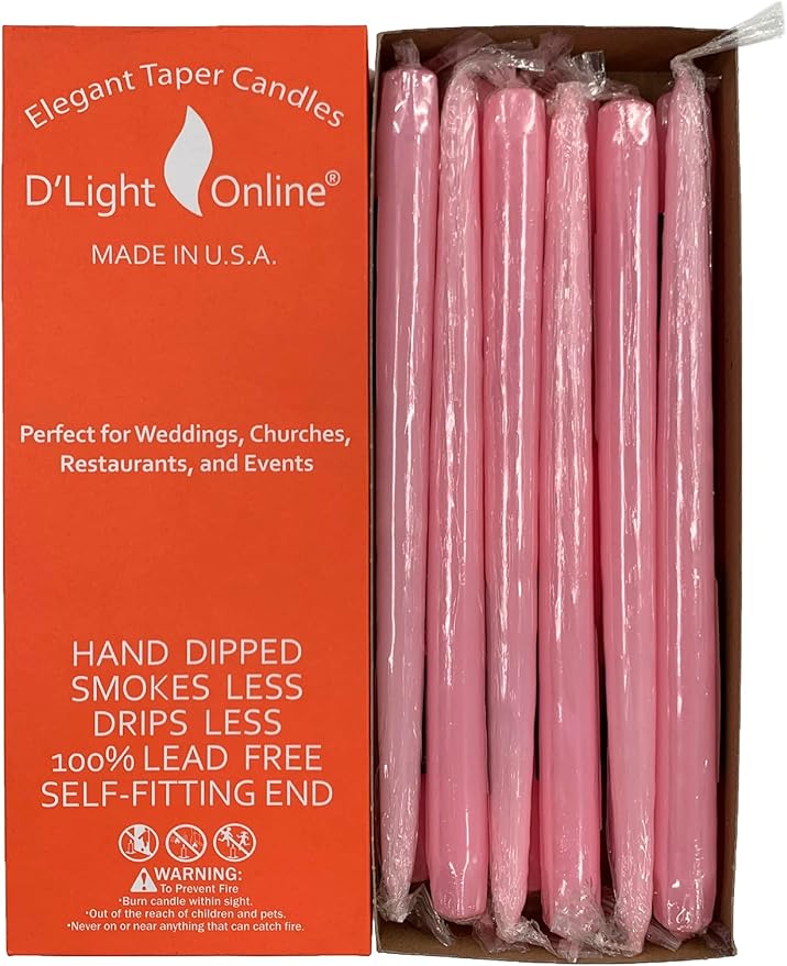 D'light Online Elegant 10" Unscented Pink Taper Candles Premium Quality Hand-Dipped Tapered Candles, Dripless and Smokeless - Set of 12 Tapered Candles(10 Inch, Pink)