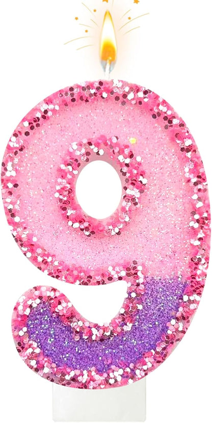 Birthday Number Candles for Cake, Pink Purple Glitter Number Candles for Cake Toppers, Ideal Birthday Parties Cake Decor, Wedding Anniversary and Other Celebrations (9 Candle)