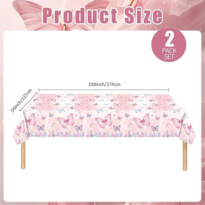 2 Pack Butterfly Tablecloth Plastic 54 X 108Inch, Butterfly Birthday Party Decorations Table Cloth Disposable Rectangle Table Covers for Girls Birthday Party Supplies
