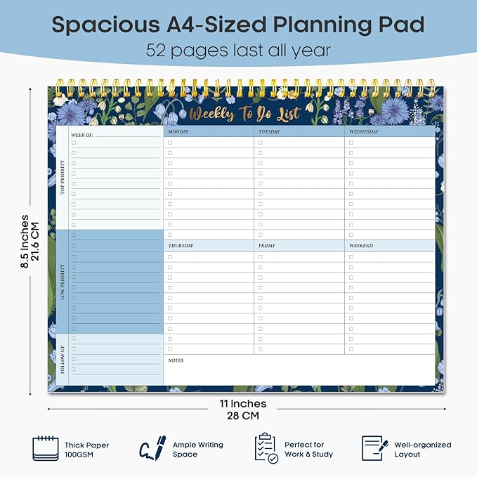 Taja Weekly To Do List Notepad with 52 Undated Sheets（8.5"×11"）- Weekly Desk Planner for Women & Man, Work and Home - 1 Pack Ocean Bloom