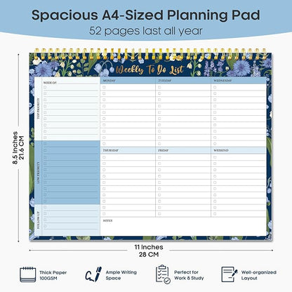 Taja Weekly To Do List Notepad with 52 Undated Sheets（8.5"×11"）- Weekly Desk Planner for Women & Man, Work and Home - 1 Pack Ocean Bloom