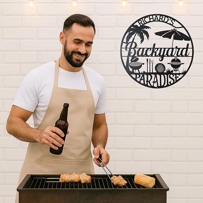 Outdoor BBQ Grill Metal Sign, Custom Name Cut Wall Art for Patio Kitchen, Rustic Backyard Barbecue Decoration