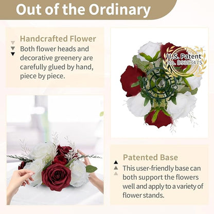 NUPTIO Flower Ball Centerpieces for Tables: Crimson & White Artificial Rose Fake Floral Arrangement for Wedding Party Centerpiece Decorations 9.4 Inch Diameter 2 Pcs