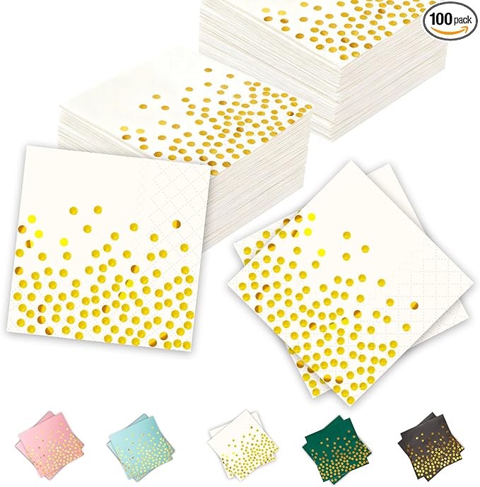 100 Pcs 6.5x6.5 Inch Disposable White Gold Paper Napkins for Cocktail