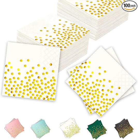 100 Pcs 6.5x6.5 Inch Disposable White Gold Paper Napkins for Cocktail