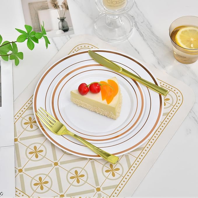 100PCS Rose Gold Plastic Plates Disposable Heavy Duty Include 50PCS 10.25inch Dinner and 50PCS 7.5inch Dessert Plastic Plates for Party Wedding Anniversary New Year