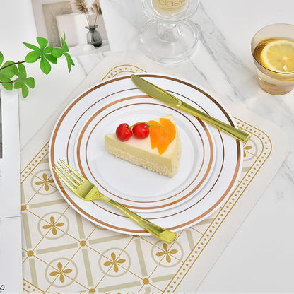 100PCS Rose Gold Plastic Plates Disposable Heavy Duty Include 50PCS 10.25inch Dinner and 50PCS 7.5inch Dessert Plastic Plates for Party Wedding Anniversary New Year
