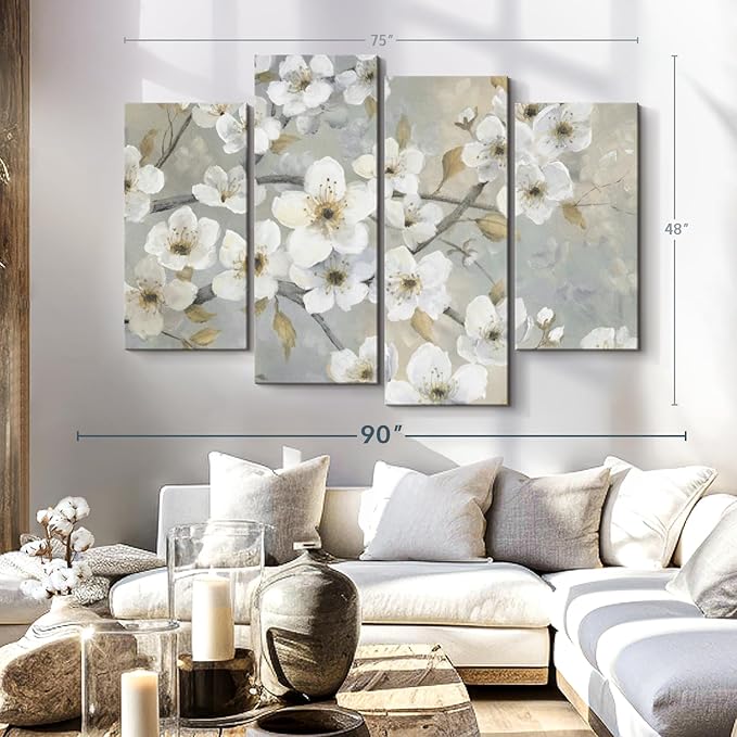 ElephantStock Golden Garden Wall Art - Horizontal Canvas - 4-Piece Living Room Wall Decor - Leaves Painting Canvas Print - Gray and Beige Decor for Wall by Nan - 75" X 48"
