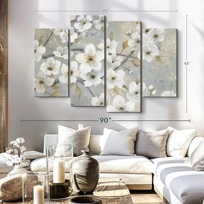 ElephantStock Golden Garden Wall Art - Horizontal Canvas - 4-Piece Living Room Wall Decor - Leaves Painting Canvas Print - Gray and Beige Decor for Wall by Nan - 75" X 48"