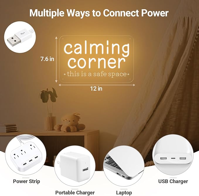 Calming Corner Neon Sign for Classroom Decor Warm White, Dimmable Calm Down Corner Led Light Sign for Kids Room Classroom Library School Therapy Office, Gifts USB Powered for Home Preschool 12"X7.6"