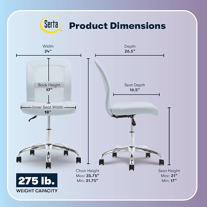 Serta Essential Armless TaskChair, Small Desk Chairs with Wheels, Breathable Mesh Back and Faux Leather, Quality Foam Cushion Seat for Comfort, Minimal Design for Vanity Table, Sky Blue