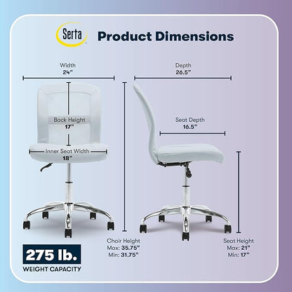 Serta Essential Armless TaskChair, Small Desk Chairs with Wheels, Breathable Mesh Back and Faux Leather, Quality Foam Cushion Seat for Comfort, Minimal Design for Vanity Table, Sky Blue