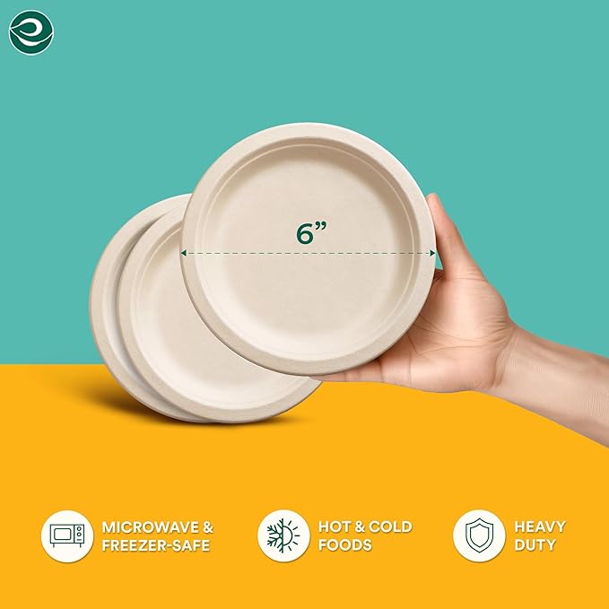 ECO SOUL Compostable Paper Plates 6 Inch (500 Count) Plates for Thanksgiving Dessert, Heavy Duty, Eco-Friendly Sugarcane Bagasse Small Plates For Appetizer- Natural Brown