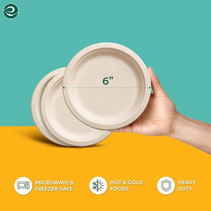 ECO SOUL Compostable Paper Plates 6 Inch (500 Count) Plates for Thanksgiving Dessert, Heavy Duty, Eco-Friendly Sugarcane Bagasse Small Plates For Appetizer- Natural Brown