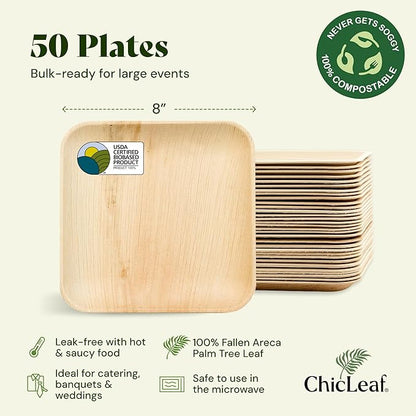 Chic Leaf Disposable Palm Leaf Plates - 50 Count, 8" Square, Thanksgiving Dinner - Bamboo Plates, Biodegradable & Compostable - Microwave Safe & Heavy Duty - Event & Party Supplies - Wedding Decor