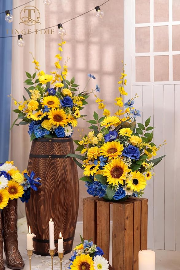 TINGE TIME Free Standing Artificial Sunflower Flowers Set of 2, Wedding Arch Altar Stage Decorations, Silk Fake Flower for Wedding Centerpiece Archway Aisle Welcome Entrance (Sunflower&RoyalBlue)