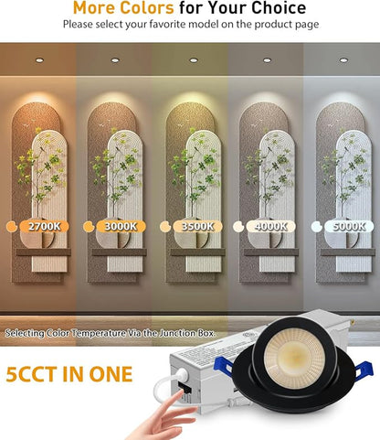 Adetu 2 Inch 5CCT Gimbal Black Led Recessed Lighting with Junction Box, 360°+90° Adjustable Led Recessed Lights, 2700K/3000K/3500K/4000K/5000K, 5W Eqv 50W, 550LM Brightness - ETL (Black, 6 Pack)