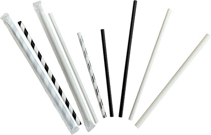 400 Count | Kingseal FSC Certified Disposable Paper Drinking Straws, Paper Wrapped, 7.75" Length x 6mm Diameter, Black Swirl Stripe, Biodegradable, Earth Friendly, Bulk Pack - 400 Straws per Box