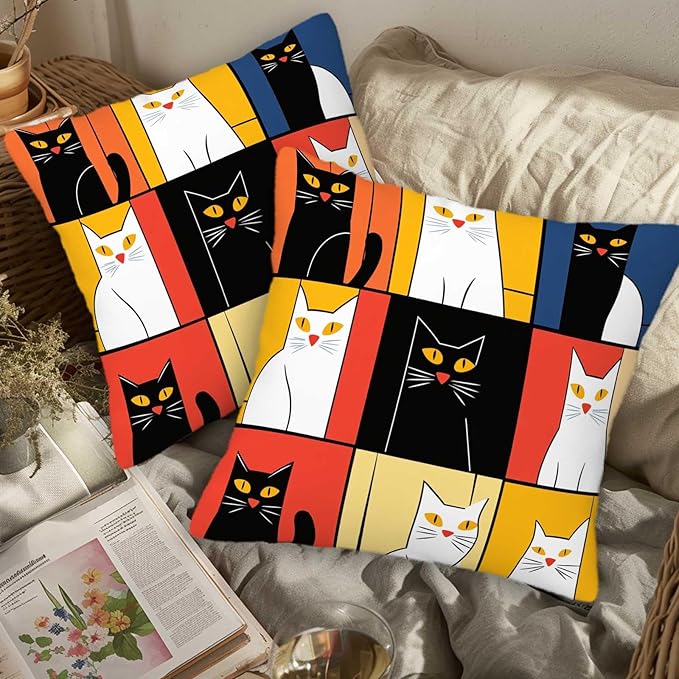Abstract Cat Throw Pillow Cover 18x18 Set of 2 | Cushion Case for Couch, Sofa, Bed and Living Room | Zipper Closure Pillow Cases | Home Decor for All-Seasons
