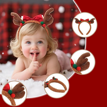 Christmas Antlers Headband Cute Brown Reindeer Ears Antlers Red Bow Headband for Women Girls Christmas Holiday Hair Accessories for Xmas Party Supplies Halloween Cosplay