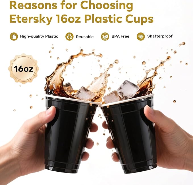 100PCS Black Plastic Cups, 16oz Disposable Party Cups Bulk, BPA Free Drink Cups for Soda Juice Beer Cocktail Cold Drinks Suitable for Wedding Halloween Thanksgiving Christmas Birthday Celebrations