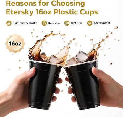 100PCS Black Plastic Cups, 16oz Disposable Party Cups Bulk, BPA Free Drink Cups for Soda Juice Beer Cocktail Cold Drinks Suitable for Wedding Halloween Thanksgiving Christmas Birthday Celebrations