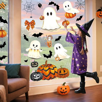 Halloween Window Clings Decorations, Ghost Pumpkin Bat Stickers Decor for Glass Windows, Large Double Sided Reusable Decals, 8 Sheets