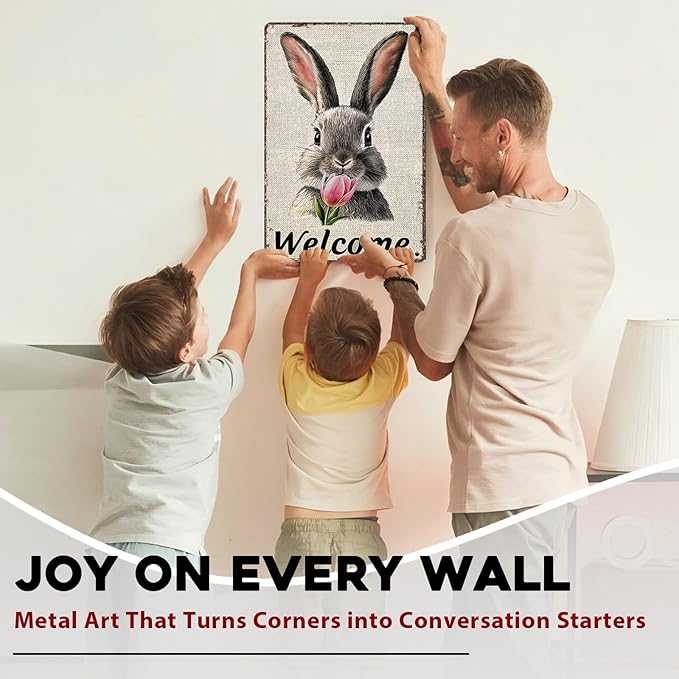 Easter Bunny Tin Sign Retro Tulips - Fun and Metal Sign for Homes Bedrooms Gardens Hallways Parties Spring Decorations 8x12Inch