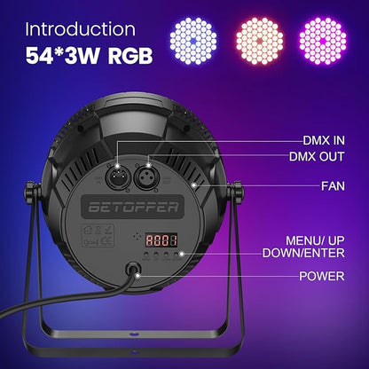 Betopper Stage Lights 54x3W dj Lighting fixtures LED RGB 3-in-1 Superior Brightness Par Can Lights Remote Control, Strobe Light & Wash DMX Light for Party, Concert, Church, Wedding, Bar Events,1 Pack