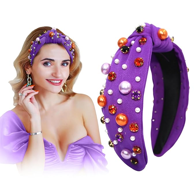 Festive Headbands for Women, Beaded Pearl Rhinestone Crystal Jeweled Hairband, Holiday Headbands for Women, Pearl Hair Accessory, Fashion Elegant Ladies Wide Top Knot Hair Bands. (Purple, Medium)