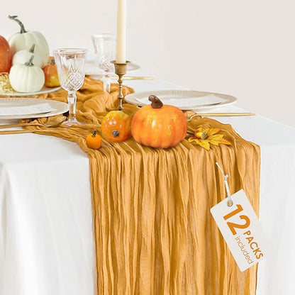 12 Pack Gold Cheesecloth Table Runner Fall Thanksgiving 35x120 Inch Mustard Yellow Cheese Cloth Runner 10FT Boho Rustic Gauze Table Runner for Wedding Party Baby Shower Birthday Decor