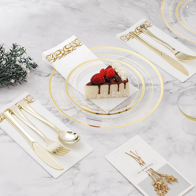 BESTVIP 350PCS Clear Gold Disposable Dinnerware Set for 50 Guests, Plastic Plates for Party, Wedding, Christmas, Halloween, Include: 100 Plastic Plates, 50 Gold Silverware, 50 Cups, 50 Napkins