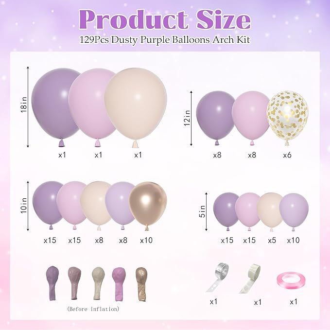 Ouddy Party Dusty Purple Balloon Arch Garland Kit, Different Sizes 18 12 10 5Inch Purple Pink Lavender Sand Rose Gold Metal Confetti Balloon for Bridal Baby Shower Wedding Birthday Party Decoration