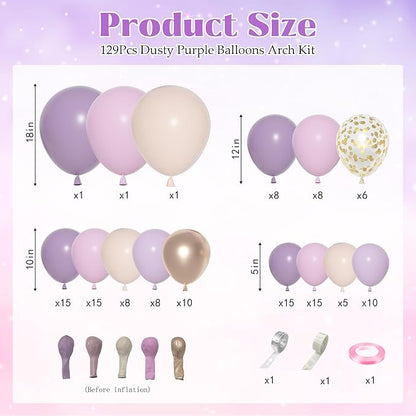 Ouddy Party Dusty Purple Balloon Arch Garland Kit, Different Sizes 18 12 10 5Inch Purple Pink Lavender Sand Rose Gold Metal Confetti Balloon for Bridal Baby Shower Wedding Birthday Party Decoration