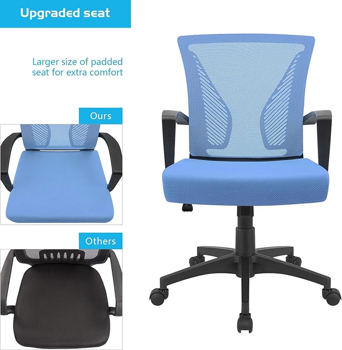 Furmax Office Chair Ergonomic Computer Desk Mesh Chair Mid Back Swivel Lumbar Support with Armrest (2, Blue)
