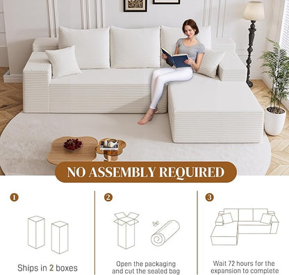 108" L Shaped Boneless Sectional Couches for Living Room, Comfy Corduroy Floor Cloud Sofa with Chaise, Wide Armrest, Deep Seat, Memory Foam, Assembly Free, Ideal for Small Spaces, White
