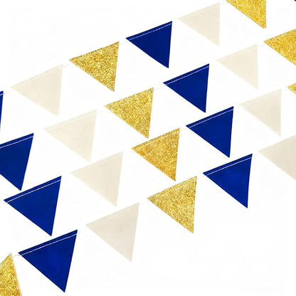 Blue Gold Beige Party Decoration Royal Gold Glitter Felt Hanging Triangle Mini Bunting Pennant Banner Flag for Birthday Wedding Graduation Baby Shower Nautical Ahoy Achor Party Nursery Classroom Decor
