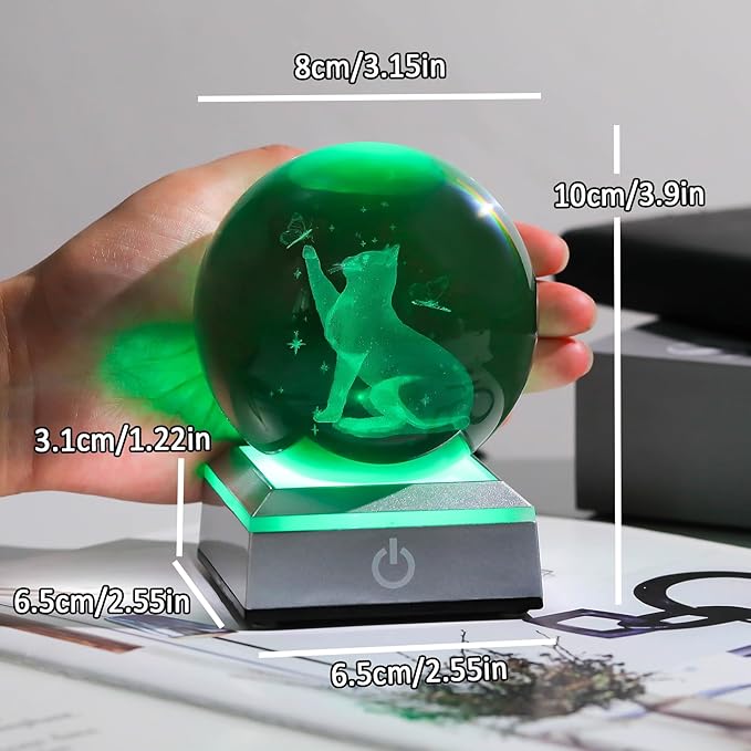 Ornalrist 3.15" Crystal Ball Engraved 3D Cat with Butterfly Figurine Collectible Paperweight with LED Base, Glass Sphere Cat Lover Gifts for Women Men Home Decor