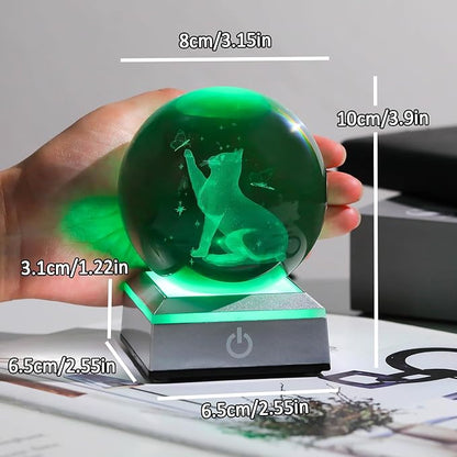Ornalrist 3.15" Crystal Ball Engraved 3D Cat with Butterfly Figurine Collectible Paperweight with LED Base, Glass Sphere Cat Lover Gifts for Women Men Home Decor
