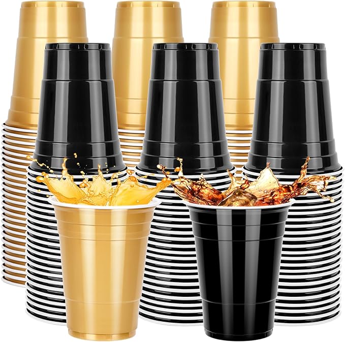 100PCS Black and Gold Plastic Cups, 16oz Disposable Party Cups Bulk Pack, BPA Free Drinkware for Soda Juice Beer Cold Drinks Suitable for Wedding Halloween Thanksgiving Christmas Birthday Celebrations