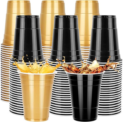 100PCS Black and Gold Plastic Cups, 16oz Disposable Party Cups Bulk Pack, BPA Free Drinkware for Soda Juice Beer Cold Drinks Suitable for Wedding Halloween Thanksgiving Christmas Birthday Celebrations